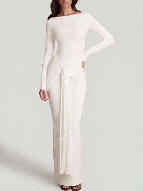 Soft Jersey Boat-Neck Tie-Gather Maxi Dress in White Soft Jersey Boat-Neck Tie-G